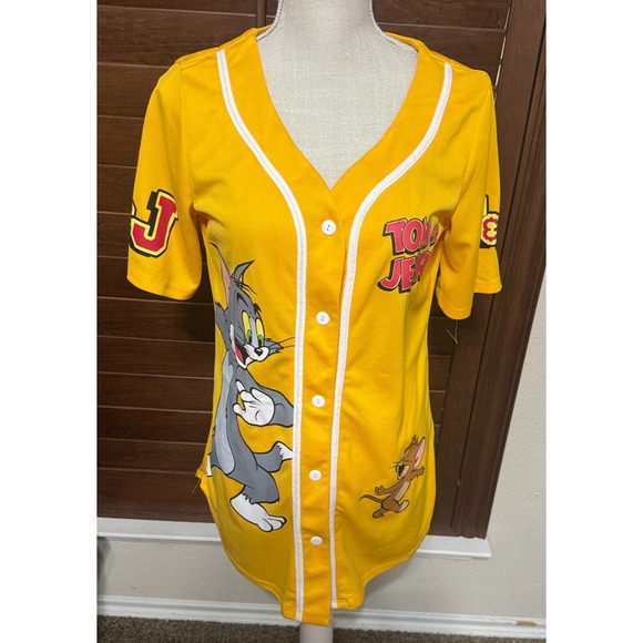 Retro Tom & Jerry Cartoon Baseball Jersey Shirt Bright Yellow Orange AOP sz L - Picture 1 of 7